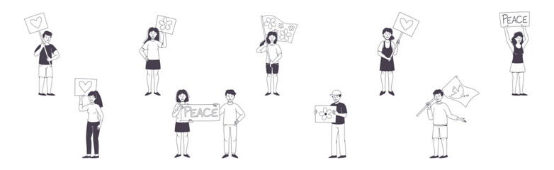 People Character Partaking in Demonstration for Love and Peace with Placard Vector Set