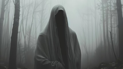A dark figure stands in the middle of a foggy forest