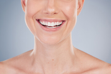 Mouth, teeth and smile of woman closeup in studio for dental care, oral hygiene and healthy gums....