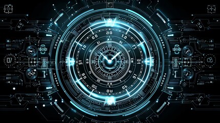 a technology circle made up of digital and analog clock faces, top view,Glowing Outlines and lines，blending old and new tech philosophies