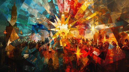 Abstract Vibrant Corpus Christi Procession Through Fractured Lens