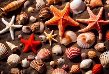 A close-up of a starfish, cockleshell, and coral on a sandy beach at sunset