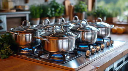 Fototapeta na wymiar Stainless-steel pots preparing large meals on the top of the kitchen stoves