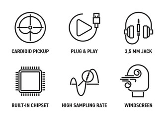 Microphone properties icons set, in bold line