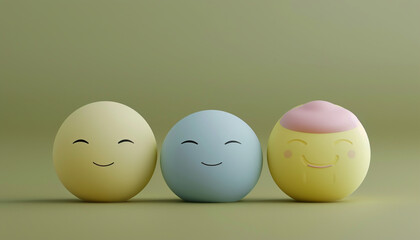 A minimalist 3D  of three emojis: a yellow content, a slate blue meditative, and a soft pink grateful emoji, all on a solid olive background.