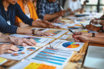 Obraz premium Hands business team having a meeting to analyze data graph charts for a marketing plan.
