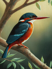 African Pygmy Kingfisher Sitting In A Tree Scouting For Food Oil Paint On Canvas Style 300PPI High...