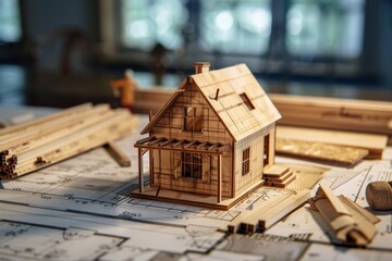 Construction project. worker building house on blueprints - home construction process