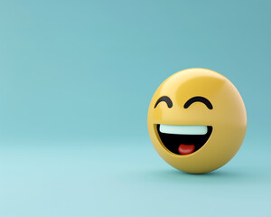 Fototapeta premium A minimalist 3D of a single yellow laughing emoji on a solid light blue background.