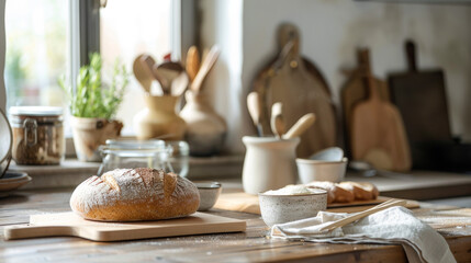 Fresh bread and utensils on the table in a modern light kitchen