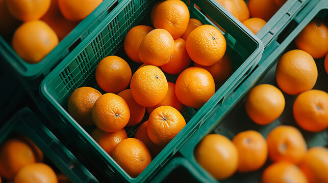 Caixas de pl&aacute;stico verde com laranjas maduras