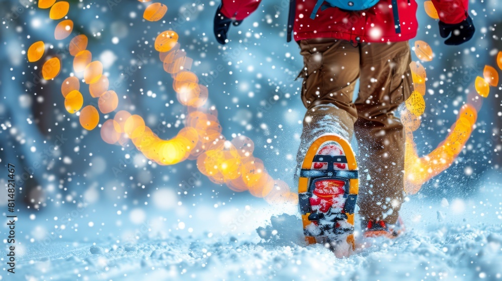 Poster design an image of a snowshoe racer traversing through deep snow in a winter landscape.