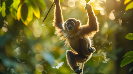 Monkey Swinging in Sunlit Jungle