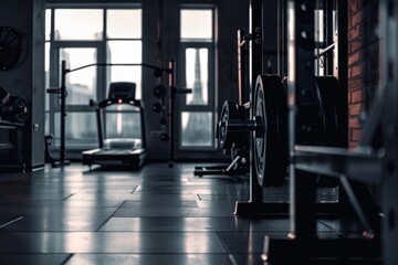 Fully equipped gym interior background with bodybuilding equipments and machines