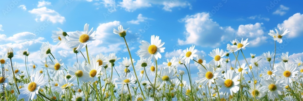 Canvas Prints Chamomile field bathed in sunlight, with the golden hues of the flowers glowing against the azure expanse of the sky