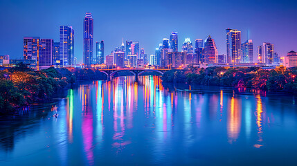 Naklejka premium City skyline with colorful reflections in water at night