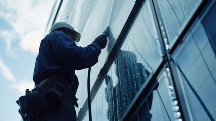 Hands of a male worker skillfully using a telescopic brush and hose to wash glass panels of a building facade