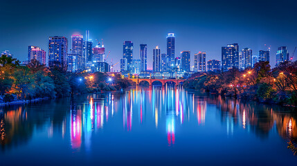 Fototapeta premium Night cityscape with colorful lights reflecting on river