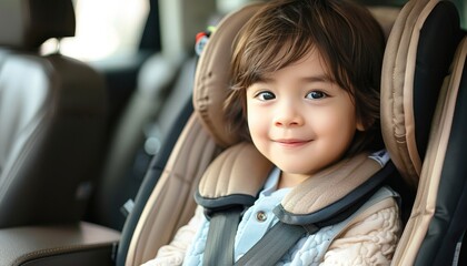 Happy child securely fastened in car safety seat for safe travel and road trip concept