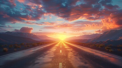Asphalt highway road and mountain with sky clouds at sunset.