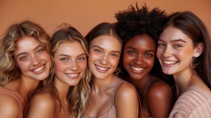 Fototapeta premium Young women friends together for self care, diversity, Skin, aesthetic, dermatology and support, Beauty.