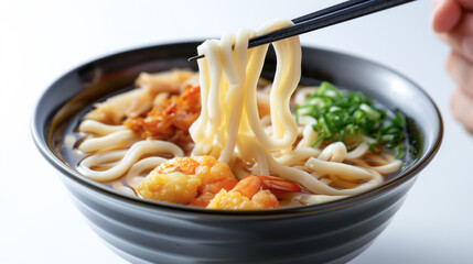 A person enjoying a bowl of comforting udon noodles