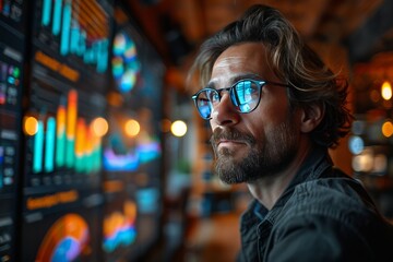 Man with glasses analyzing colorful data charts on multiple screens