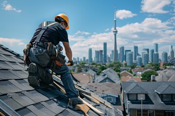 Skilled roofer repairing roof against urban city landscape in high quality image