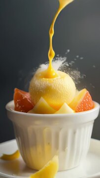 rotating dessert ice cream, cakes and fruits, seamlessly changing from one dessert to another, dessert advertisements, food promotional materials for restaurants and cafes, vertical seamless loop.