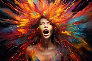 Vibrant image capturing a woman with a colorful paint explosion effect radiating from her head