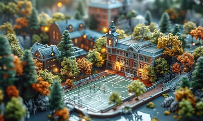 3D isometric sports arena, detailed exterior, event day atmosphere