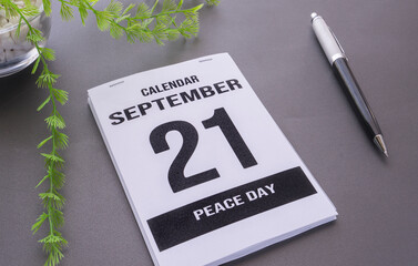 Calendar showing September 21st, International Day of Peace.