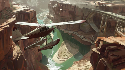 Create a scenic illustration of airplanes flying over the majestic Grand Canyon, with its rugged...
