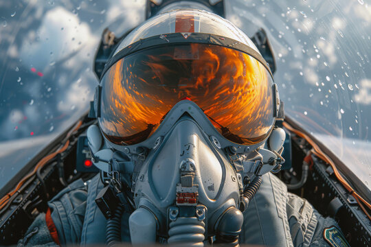 Military pilot seated confidently within the cockpit of a state-of-the-art fighter jet, demonstrating expertise and control