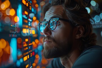 Bearded man with digital data reflected on his glasses, illuminated by colorful bokeh lights