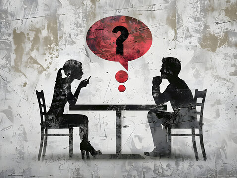 A man and woman engaged in deep conversation at a table with a question mark