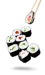 Fresh tasty sushi rolls with ingredients