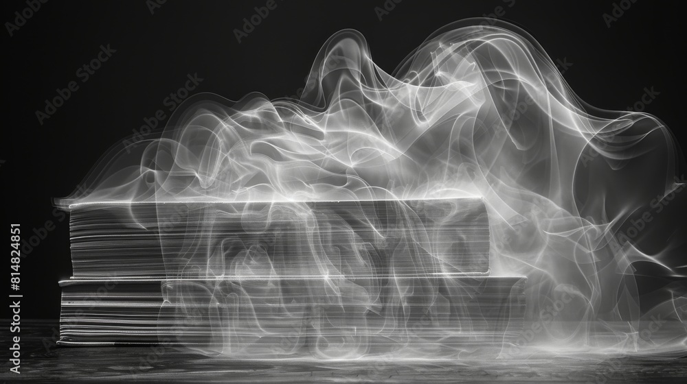 Poster x-ray scan of a stack of books, displaying the pages and bindings.