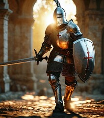 A Crusader Knight in armor holding a  sword and a shield walks in Medieval town