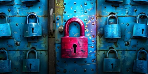 Cybersecurity breach: Red padlock stands out among blue ones. Concept Cybersecurity, Breach, Red padlock, Blue padlocks, Data protection