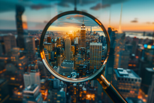 Sunset city view through magnifying glass
