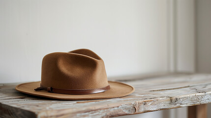 Stylish Fedora Hat on Rustic Wooden Table