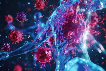 Obraz premium Immune Cell Tracking in Body. Side View A 3D visualization tracking the movement of immune cells through the bloodstream, highlighting their pathfinding capabilities