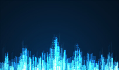 Cityscape on dark blue background with bright glowing neon. Technology city background