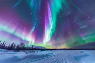 Obraz premium A mesmerizing display of the aurora borealis, with vibrant ribbons of green, purple, and blue light dancing across a starry sky above a pristine snowy landscape