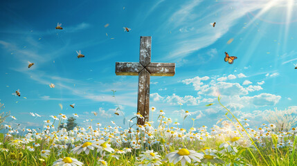 A Christian cross in a field of blooming daisies under a spring blue sky, with bees and butterflies fluttering around, symbolizing life and resurrection.