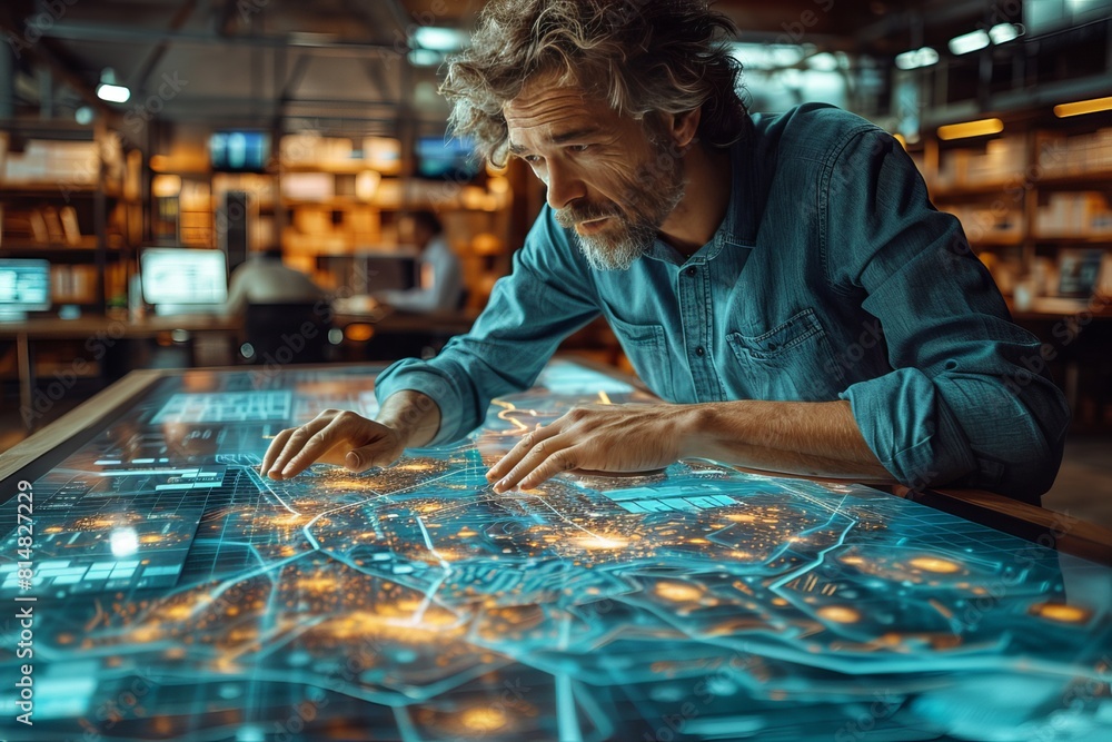 Poster mature man analyzing a futuristic interactive digital map on a large screen