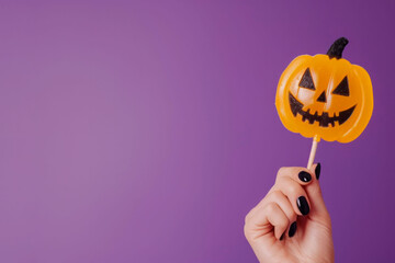 Female hand holds a Halloween pumpkin lollipop on a purple background with a place for text. AI generative