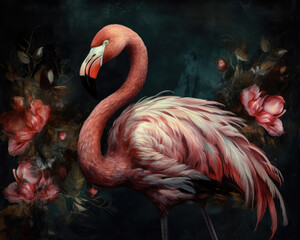 Pink Flamingo and tropical flowers on a black background. Flamingo bird in tropical garden.. Flamingo art wallpaper