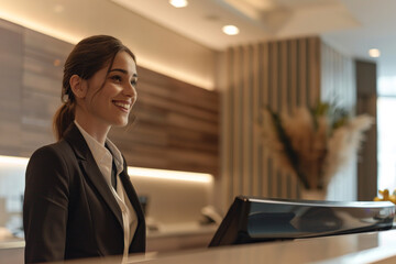 Portrait of receptionist at desk in modern hotel, friendly young woman behind the reception desk administrator

